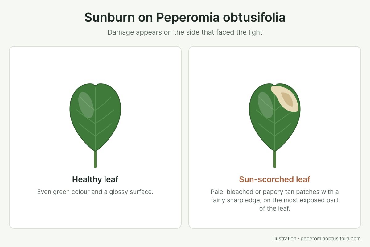 Illustration comparing a healthy Peperomia obtusifolia leaf with a sun-scorched leaf showing a bleached, papery patch
