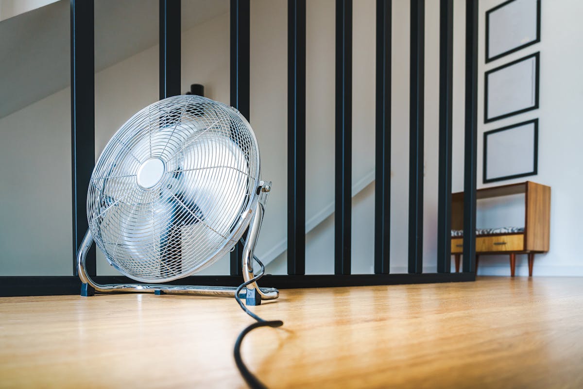 A small electric oscillating fan placed in a room — the corrective intervention for transpiration-limited calcium delivery