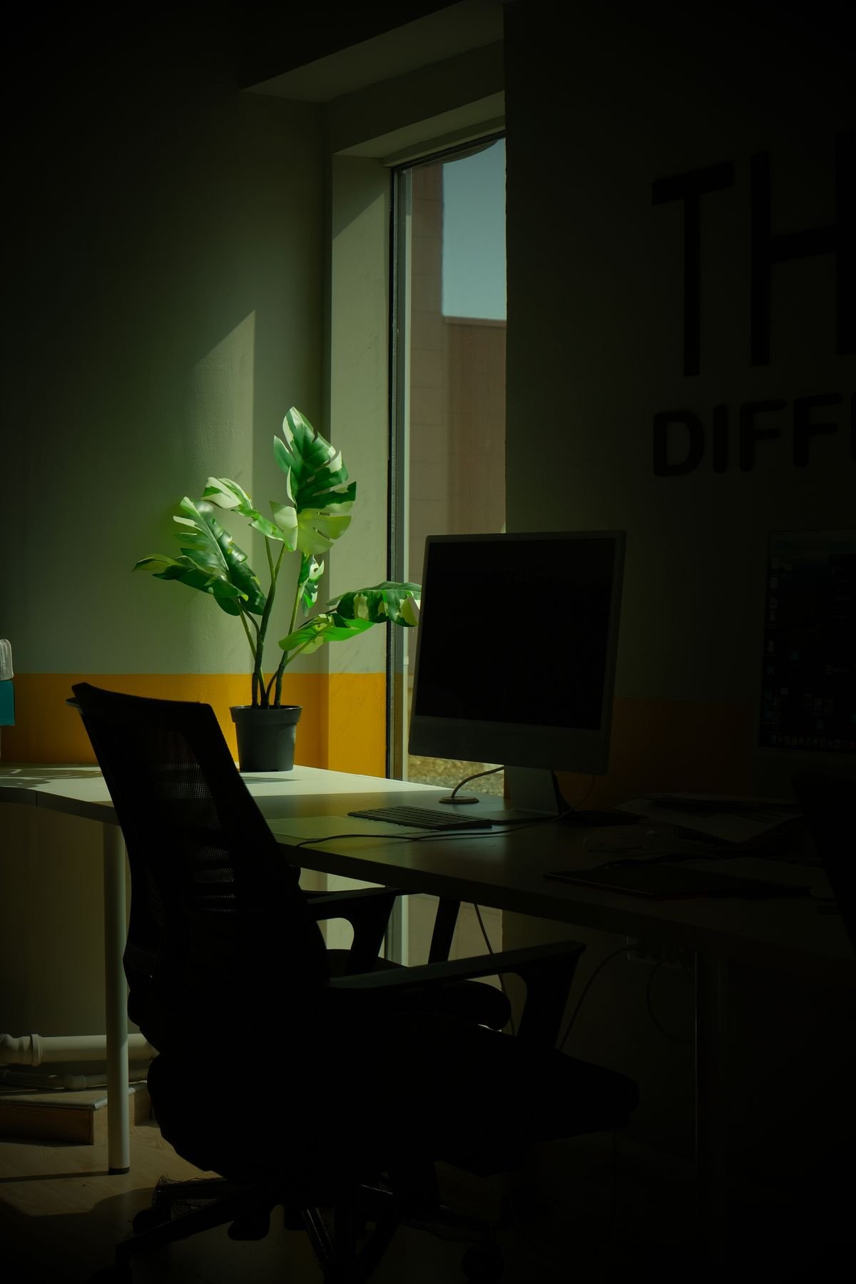 A minimalist office desk with a computer monitor and green potted plant positioned near a window