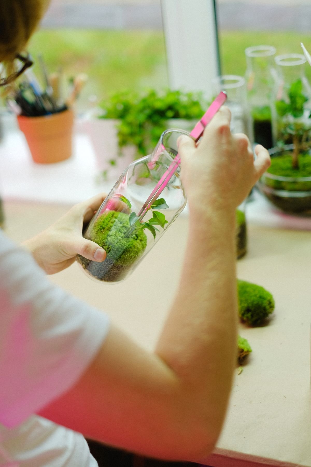 Hands assembling a moss terrarium in glass — drainage and substrate layers before planting